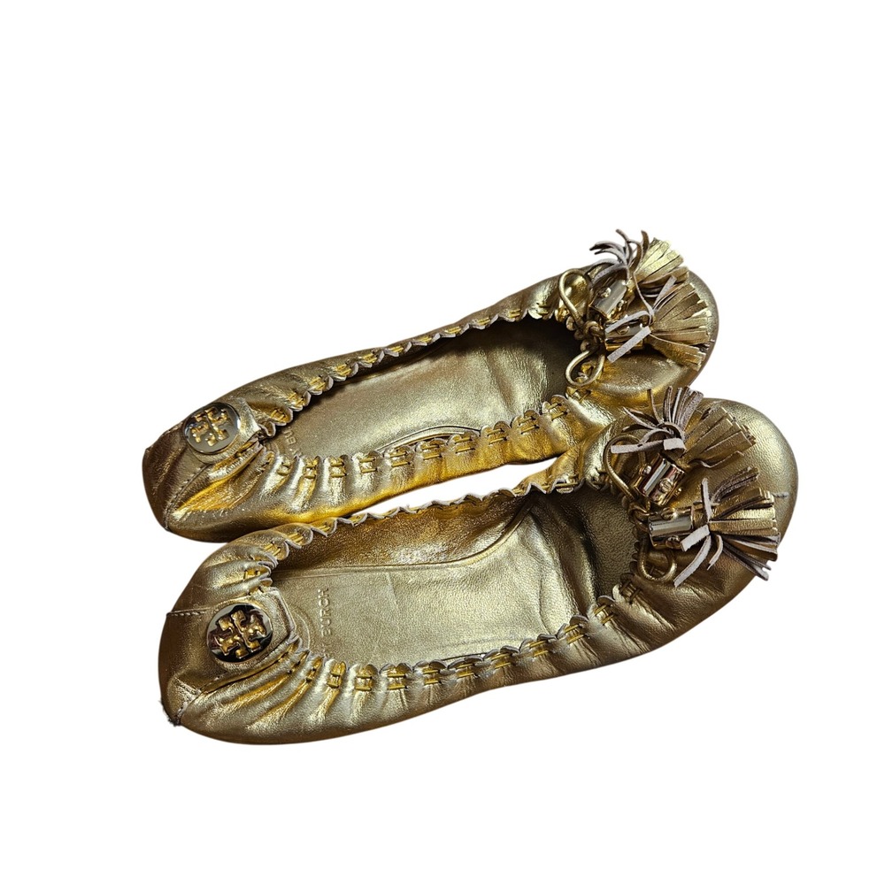 Tory Burch Reese Metallic Gold Leather Tassel Ballet Flats Logo Medallion 7.5